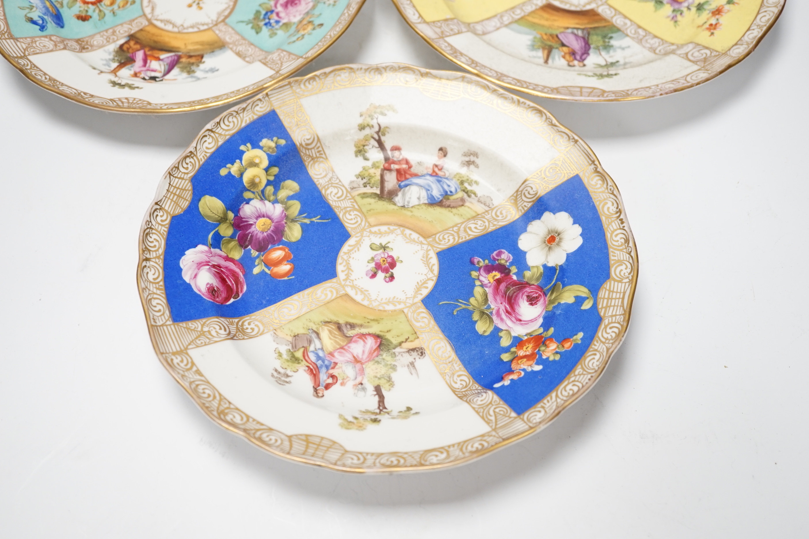 Three Meissen outside figurative and floral decorated plates, 23.5cm diameter